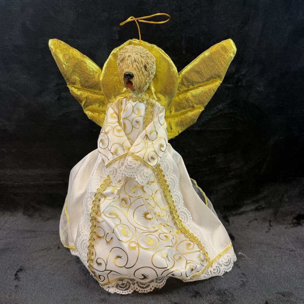 Old English Sheepdog Angel Doll Christmas Tree Topper Gold Wings Halo 12โ Decor